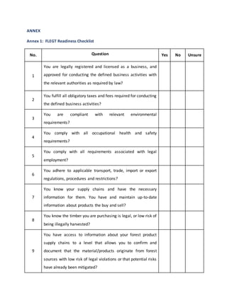 ANNEX
Annex 1: FLEGT Readiness Checklist
No. Question Yes No Unsure
1
You are legally registered and licensed as a business, and
approved for conducting the defined business activities with
the relevant authorities as required by law?
2
You fulfill all obligatory taxes and fees required for conducting
the defined business activities?
3
You are compliant with relevant environmental
requirements?
4
You comply with all occupational health and safety
requirements?
5
You comply with all requirements associated with legal
employment?
6
You adhere to applicable transport, trade, import or export
regulations, procedures and restrictions?
7
You know your supply chains and have the necessary
information for them. You have and maintain up-to-date
information about products the buy and sell?
8
You know the timber you are purchasing is legal, or low risk of
being illegally harvested?
9
You have access to information about your forest product
supply chains to a level that allows you to confirm and
document that the material/products originate from forest
sources with low risk of legal violations or that potential risks
have already been mitigated?
 