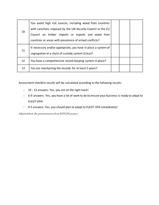 10
You avoid high risk sources, including wood from countries
with sanctions imposed by the UN Security Council or the EU
Council on timber imports or exports and wood from
countries or areas with prevalence of armed conflicts?
11
If necessary and/or appropriate, you have in place a system of
segregation or a chain of custody system (Coca)?
12 You have a comprehensive record keeping system in place?
13 You are maintaining the records for at least 5 years?
Assessment checklist results will be calculated according to the following results:
- 10 - 13 answers: Yes, you are on the right track!
- 6-9 answers: Yes, you have a lot of work to do to ensure your business is ready to adapt to
FLEGT-VPA!
- 0-5 answers: Yes, you should plan to adapt to FLEGT-VPA immediately!
Adjusted from the questionnaires from NEPCON project.
 