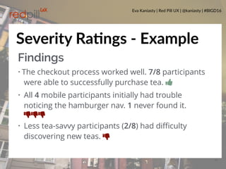 Eva Kaniasty | Red Pill UX | @kaniasty | #BIGD16
29
Findings
• The checkout process worked well. 7/8 participants
were able to successfully purchase tea. Ŏ
• All 4 mobile participants initially had trouble
noticing the hamburger nav. 1 never found it.
ŏŏŏ
• Less tea-savvy participants (2/8) had diﬃculty
discovering new teas. ŏ
Severity RaPngs - Example
 