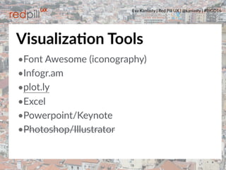 Eva Kaniasty | Red Pill UX | @kaniasty | #BIGD16
38
•Font Awesome (iconography)
•Infogr.am
•plot.ly
•Excel
•Powerpoint/Keynote
•Photoshop/Illustrator
VisualizaPon Tools
 