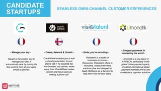 SEAMLESS OMNI-CHANNEL CUSTOMER EXPERIENCES
CANDIDATE
STARTUPS
DialOnce transforms a voice call
into a digital experience whether
than clicking on buttons on a
mobile device or App button
Best phone support software for
your business. No deskphone. No
hardware. Only easy-to-use apps.
They allow instantly access to
phone numbers in 40 countries.
Vizolution makes your contact
centre as effective as a face to face
meeting. First they digitize
telephony to provide all the benefits
of a face to face meeting. They
also allow to send/receive
documents electronic signatures to
remove breaks from journey.
« Digitalize your Customer Care Calls » « The easiest way for business to
handle phone calls»
« Helping companies re-imagine the future
and drive growth with innovative business
models and technology »
 
