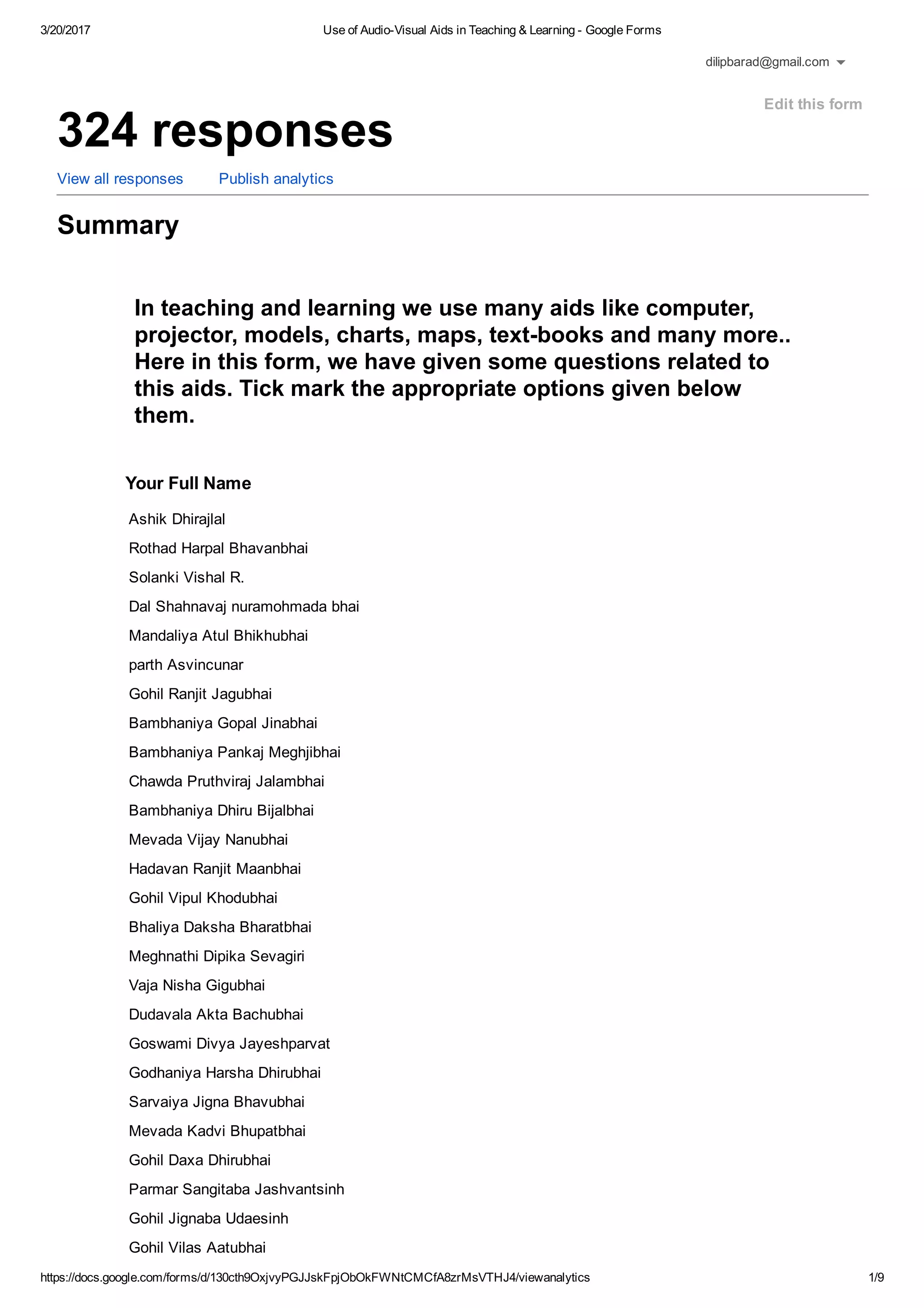 3/20/2017 Use of Audio­Visual Aids in Teaching & Learning ­ Google Forms
https://docs.google.com/forms/d/130cth9OxjvyPGJJskFpjObOkFWNtCMCfA8zrMsVTHJ4/viewanalytics 1/9
324 responses
View all responses  Publish analytics
Summary
In teaching and learning we use many aids like computer,
projector, models, charts, maps, text­books and many more..
Here in this form, we have given some questions related to
this aids. Tick mark the appropriate options given below
them.
Your Full Name
Ashik Dhirajlal
Rothad Harpal Bhavanbhai
Solanki Vishal R.
Dal Shahnavaj nuramohmada bhai
Mandaliya Atul Bhikhubhai
parth Asvincunar
Gohil Ranjit Jagubhai
Bambhaniya Gopal Jinabhai
Bambhaniya Pankaj Meghjibhai
Chawda Pruthviraj Jalambhai
Bambhaniya Dhiru Bijalbhai
Mevada Vijay Nanubhai
Hadavan Ranjit Maanbhai
Gohil Vipul Khodubhai
Bhaliya Daksha Bharatbhai
Meghnathi Dipika Sevagiri
Vaja Nisha Gigubhai
Dudavala Akta Bachubhai
Goswami Divya Jayeshparvat
Godhaniya Harsha Dhirubhai
Sarvaiya Jigna Bhavubhai
Mevada Kadvi Bhupatbhai
Gohil Daxa Dhirubhai
Parmar Sangitaba Jashvantsinh
Gohil Jignaba Udaesinh
Gohil Vilas Aatubhai
Edit this form
dilipbarad@gmail.com
 
