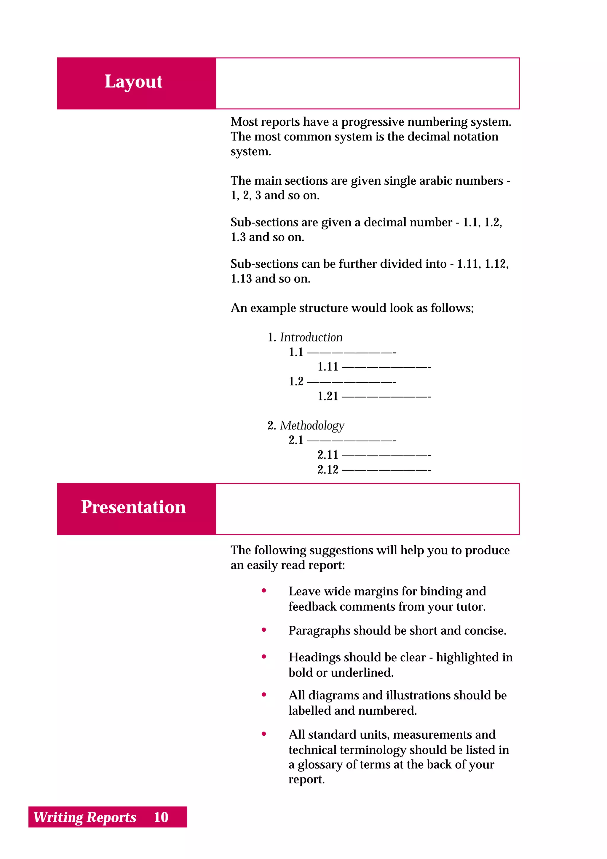 Layout

                       Most reports have a progressive numbering system.
                       The most common system is the decimal notation
                       system.

                       The main sections are given single arabic numbers -
                       1, 2, 3 and so on.

                       Sub-sections are given a decimal number - 1.1, 1.2,
                       1.3 and so on.

                       Sub-sections can be further divided into - 1.11, 1.12,
                       1.13 and so on.

                       An example structure would look as follows;

                              1. Introduction
                                   1.1 ———————-
                                        1.11 ———————-
                                   1.2 ———————-
                                        1.21 ———————-

                              2. Methodology
                                  2.1 ———————-
                                       2.11 ———————-
                                       2.12 ———————-


       Presentation

                       The following suggestions will help you to produce
                       an easily read report:

                            •     Leave wide margins for binding and
                                  feedback comments from your tutor.
                            •     Paragraphs should be short and concise.

                            •     Headings should be clear - highlighted in
                                  bold or underlined.
                            •     All diagrams and illustrations should be
                                  labelled and numbered.
                            •     All standard units, measurements and
                                  technical terminology should be listed in
                                  a glossary of terms at the back of your
                                  report.


Writing Reports   10
 