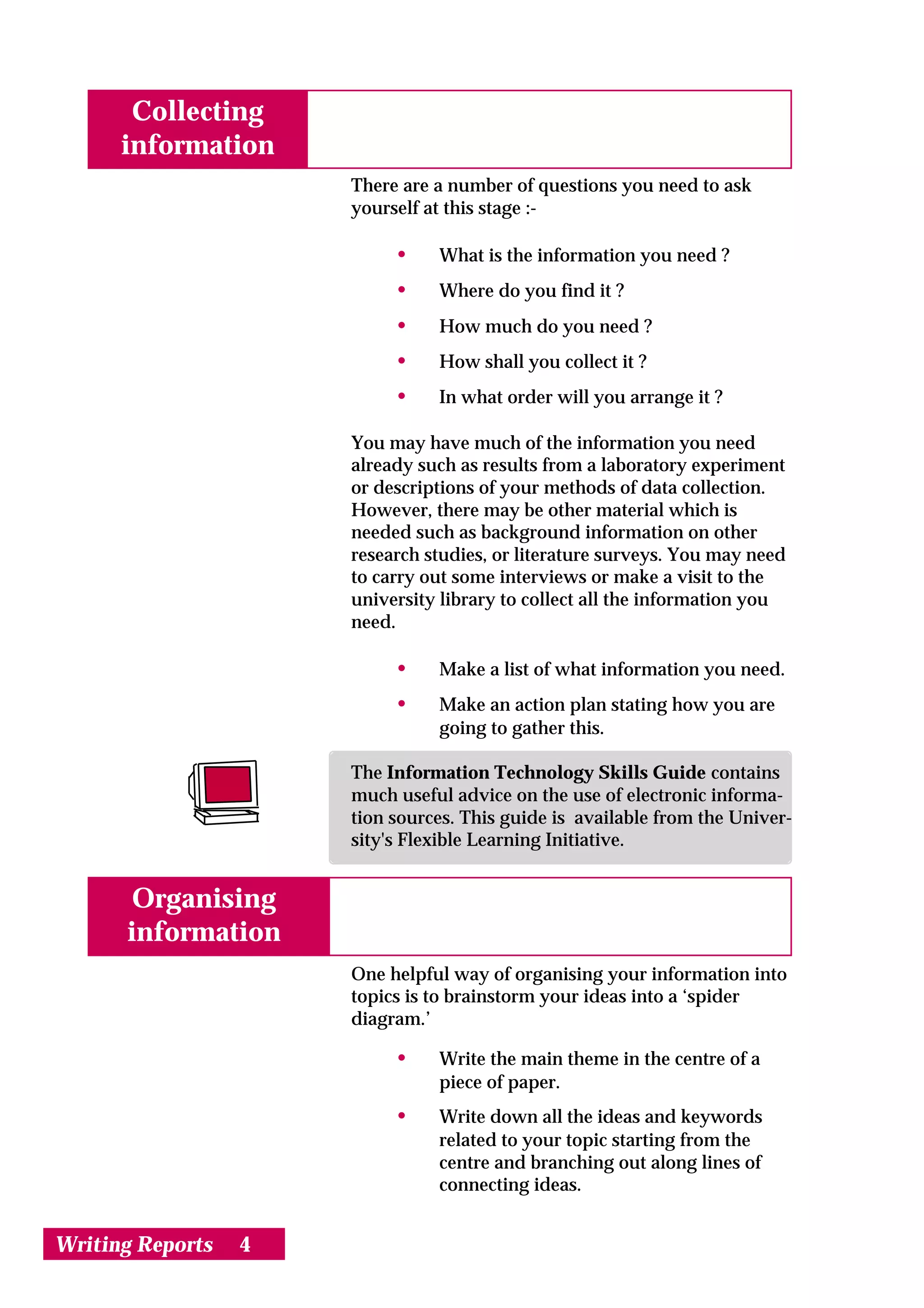 Collecting
      information
                      There are a number of questions you need to ask
                      yourself at this stage :-

                           •    What is the information you need ?
                           •    Where do you find it ?
                           •    How much do you need ?
                           •    How shall you collect it ?
                           •    In what order will you arrange it ?

                      You may have much of the information you need
                      already such as results from a laboratory experiment
                      or descriptions of your methods of data collection.
                      However, there may be other material which is
                      needed such as background information on other
                      research studies, or literature surveys. You may need
                      to carry out some interviews or make a visit to the
                      university library to collect all the information you
                      need.

                           •    Make a list of what information you need.
                           •    Make an action plan stating how you are
                                going to gather this.

                      The Information Technology Skills Guide contains
                      much useful advice on the use of electronic informa-
                      tion sources. This guide is available from the Univer-
                      sity's Flexible Learning Initiative.


       Organising
      information
                      One helpful way of organising your information into
                      topics is to brainstorm your ideas into a ‘spider
                      diagram.’

                           •    Write the main theme in the centre of a
                                piece of paper.
                           •    Write down all the ideas and keywords
                                related to your topic starting from the
                                centre and branching out along lines of
                                connecting ideas.


Writing Reports   4
 