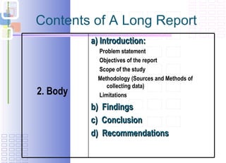 Contents of A Long Report a) Introduction:  Problem statement   Objectives of the report   Scope of the study   Methodology (Sources and Methods of collecting data) Limitations   b)  Findings c)  Conclusion d)  Recommendations  2. Body 