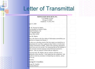 Letter of Transmittal MIDWESTERN RESEARCH, INC. 1732 Midday Avenue Chicago, IL 60607 Telephone: 312.481.2919 April 13, 2005 Mr. W. Norman W. Bigbee Vice President in Charge of Sales Allied Distributors, Inc. 3131 Speedall Street Akron, Ohio 44302 Dear Mr. Bigbee: Here is the report on the four makes of subcompact automobiles you asked me to compare last January 3. To help you in deciding which of the four makes you should buy as replacements for your fleet, I gathered what I believe to be the most complete information available.  Much of the operating information comes from your own records. The remaining data are the findings of both consumer research engineers and professional automotive analysts.  Only my analyses of these data are subjective. I sincerely hope, Mr. Bigbee, that my analyses will help you in making the correct decision.  I truly appreciate this assignment. And should you need any assistance in interpreting my analyses,  please call on me. Sincerely, George W. Franklin George W. Franklin Associate Director 