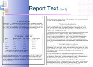 Report Text  (2 of 4) 3  A.  Initial Costs Favor Beta From Table I it is evident that Beta has the lowest window sticker price before and after trade-in allowances.  It has a $634 margin, which must beconsidered in the light of what features are standard on Beta in comparison with those standard on the other cars.  That is, the Beta may have fewer standard features included in its original cost and, therefore, may not be worth as much as the Alpha, Gamma, or Delta. Table I ORIGINAL COST OF FOUR BRANDS  OF SUBCOMPACT CARS IN 2005 Make Windows Sticker  Trade-in Value   Cash Costs after    Prices   for Two-Year  Trade-in Allowance Old Makes* Alpha $9,318 $4,514 $4,804 Beta $8,716 $4,500 $4,216 Gamma $9,140 $4,552 $4,588 Delta $9,700 $4,850 $4,850 *Trade-in value for Alpha and Beta are estimates Sources: Primary and  Road and Track , 2005 It is clear that where features are listed as standard they do not add to original cost, but where listed as options they do.  As will be shown later, Delta has many more standard features than do the other makes.  In addition to a study of standard features, a close look at trade-in values and operating costs will also be necessary to properly evaluate original cost. 4 Further discussion of standard features of the cars appears in the following discussions of safety and per-mile operating costs. B.  Trade-in Values Show Uniformity Original costs alone do not tell the complete purchase-cost story.  The values of the cars at the ends of their useful lives (trade-in values) are a vital part of cost.  In this case, the highest trade-in value is $4,850 for Delta the lowest is $4,500 for Beta (see Table I).  Only $350 separates the field. Although fairly uniform, these figures appear to be more significant when converted to total amounts involved in the fleet purchases.  A fleet of 50 Betas would cost $160,800.  The same fleet of Gammas, Alphas, and Deltas would cost $179,376, $190,222, and $190,500, respectively.  Thus, Allied's total cost of purchasing Betas would be $18,550 lower than Gammas, Alphas, and Deltas would cost $179,376, $190,222, and $190,500, respectively.  Thus, Allied's total cost of purchasing Betas would be $18,550 lower than Gammas, $29,216 lower than Alphas, and $31,676 lower than Deltas. C.  Operating Costs Are Lowest for Gamma Gamma has the lowest maintenance cost of the four, 1.970 cents per mile.  But Delta is close behind with 2.0650 cents.  Both of these cars are well below the Beta and Alpha figures of 2.7336 and 2.7616, respectively. As shown in Table II, these costs are based on estimates of repairs, resulting loss of working time, tire replacements, and miscellaneous items. It should be stressed here how greatly repair expense influences the estimates.  Actually, two expenses are involved, for to the cost of repairs the expense of time lost by salespeople must be added. Obviously, a salesperson without a car is unproductive.  Each hour lost by car repairs adds to the cost of the car's operation. The time lost for repair is the same for each car--five hours.  Thus, the important consideration is the number of repairs and the costs of these repairs.  On this basis, the Gamma has the lowest total cost burden at $1,086 (see Table II).  Delta ranks second with $1,038.  Beta is third with $1,506, and Alpha is last with $1,520. 