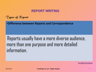 •Difference between Reports and Correspondence



  Reports usually have a more diverse audience,
 more than one purpose and more detailed
 information.


02/13/13             " Teaching is an art". Rajeev Ranjan   14
 