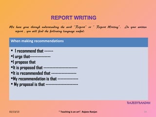 When making recommendations

  I recommend that ------
 I urge that--------------
 I propose that
 It is proposed that -----------------------
 It is recommended that -----------------
 My recommendation is that --------------
  My proposal is that ----------------------




02/13/13                        " Teaching is an art". Rajeev Ranjan   24
 