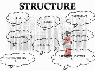 1.TITLE
6.CONCLUSION
3.CONTENT
2.SUMMARY
7.REFERENCE
S
4.INTRODUCTIO
N
5.BODY
8.RECOMMENDATION
S
 