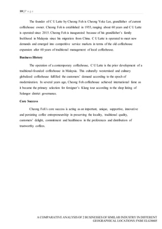 10 | P a g e
A COMPARATIVE ANALYSIS OF 2 BUSINESSES OF SIMILAR INDUSTRY IN DIFFERENT
GEOGRAPHICAL LOCATIONS|FNBE ELG30605
The founder of C U Latte by Cheong Foh is Cheong Yoke Lee, grandfather of current
coffeehouse owner. Cheong Foh is established in 1955, ranging about 60 years and C U Latte
is operated since 2015. Cheong Foh is inaugurated because of his grandfather’s family
livelihood in Malaysia since his migration from China. C U Latte is operated to meet new
demands and emerged into competitive service markets in terms of the old coffeehouse
expansion after 60 years of traditional management of local coffeehouse.
Business History
The operation of a contemporary coffeehouse, C U Latte is the prior development of a
traditional-founded coffeehouse in Malaysia. This culturally westernised and culinary
globalized coffeehouse fulfilled the customers’ demand according to the epoch of
modernization. In several years ago, Cheong Foh coffeehouse achieved international fame as
it became the primary selection for foreigner’s Klang tour according to the shop listing of
Selangor district governance.
Core Success
Cheong Foh’s core success is acting as an important, unique, supportive, innovative
and persisting coffee entrepreneurship in preserving the locality, traditional quality,
customers’ delight, commitment and healthiness in the preferences and distribution of
trustworthy coffees.
 
