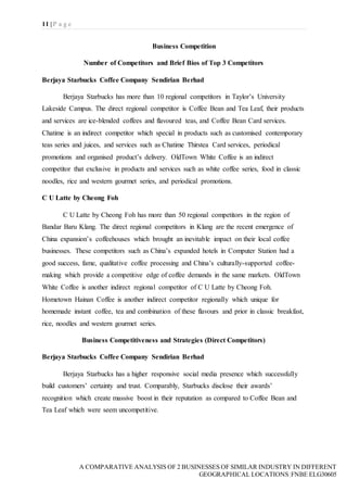 11 | P a g e
A COMPARATIVE ANALYSIS OF 2 BUSINESSES OF SIMILAR INDUSTRY IN DIFFERENT
GEOGRAPHICAL LOCATIONS|FNBE ELG30605
Business Competition
Number of Competitors and Brief Bios of Top 3 Competitors
Berjaya Starbucks Coffee Company Sendirian Berhad
Berjaya Starbucks has more than 10 regional competitors in Taylor’s University
Lakeside Campus. The direct regional competitor is Coffee Bean and Tea Leaf, their products
and services are ice-blended coffees and flavoured teas, and Coffee Bean Card services.
Chatime is an indirect competitor which special in products such as customised contemporary
teas series and juices, and services such as Chatime Thirstea Card services, periodical
promotions and organised product’s delivery. OldTown White Coffee is an indirect
competitor that exclusive in products and services such as white coffee series, food in classic
noodles, rice and western gourmet series, and periodical promotions.
C U Latte by Cheong Foh
C U Latte by Cheong Foh has more than 50 regional competitors in the region of
Bandar Baru Klang. The direct regional competitors in Klang are the recent emergence of
China expansion’s coffeehouses which brought an inevitable impact on their local coffee
businesses. These competitors such as China’s expanded hotels in Computer Station had a
good success, fame, qualitative coffee processing and China’s culturally-supported coffee-
making which provide a competitive edge of coffee demands in the same markets. OldTown
White Coffee is another indirect regional competitor of C U Latte by Cheong Foh.
Hometown Hainan Coffee is another indirect competitor regionally which unique for
homemade instant coffee, tea and combination of these flavours and prior in classic breakfast,
rice, noodles and western gourmet series.
Business Competitiveness and Strategies (Direct Competitors)
Berjaya Starbucks Coffee Company Sendirian Berhad
Berjaya Starbucks has a higher responsive social media presence which successfully
build customers’ certainty and trust. Comparably, Starbucks disclose their awards’
recognition which create massive boost in their reputation as compared to Coffee Bean and
Tea Leaf which were seem uncompetitive.
 