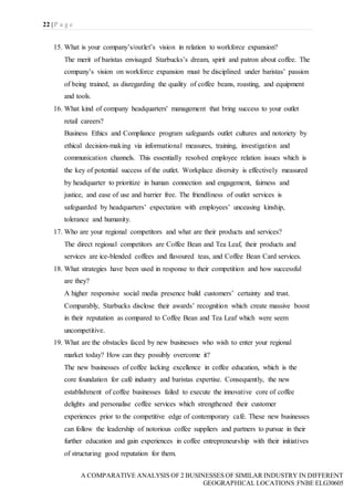 22 | P a g e
A COMPARATIVE ANALYSIS OF 2 BUSINESSES OF SIMILAR INDUSTRY IN DIFFERENT
GEOGRAPHICAL LOCATIONS|FNBE ELG30605
15. What is your company’s/outlet’s vision in relation to workforce expansion?
The merit of baristas envisaged Starbucks’s dream, spirit and patron about coffee. The
company’s vision on workforce expansion must be disciplined under baristas’ passion
of being trained, as disregarding the quality of coffee beans, roasting, and equipment
and tools.
16. What kind of company headquarters' management that bring success to your outlet
retail careers?
Business Ethics and Compliance program safeguards outlet cultures and notoriety by
ethical decision-making via informational measures, training, investigation and
communication channels. This essentially resolved employee relation issues which is
the key of potential success of the outlet. Workplace diversity is effectively measured
by headquarter to prioritize in human connection and engagement, fairness and
justice, and ease of use and barrier free. The friendliness of outlet services is
safeguarded by headquarters’ expectation with employees’ unceasing kinship,
tolerance and humanity.
17. Who are your regional competitors and what are their products and services?
The direct regional competitors are Coffee Bean and Tea Leaf, their products and
services are ice-blended coffees and flavoured teas, and Coffee Bean Card services.
18. What strategies have been used in response to their competition and how successful
are they?
A higher responsive social media presence build customers’ certainty and trust.
Comparably, Starbucks disclose their awards’ recognition which create massive boost
in their reputation as compared to Coffee Bean and Tea Leaf which were seem
uncompetitive.
19. What are the obstacles faced by new businesses who wish to enter your regional
market today? How can they possibly overcome it?
The new businesses of coffee lacking excellence in coffee education, which is the
core foundation for café industry and baristas expertise. Consequently, the new
establishment of coffee businesses failed to execute the innovative core of coffee
delights and personalise coffee services which strengthened their customer
experiences prior to the competitive edge of contemporary café. These new businesses
can follow the leadership of notorious coffee suppliers and partners to pursue in their
further education and gain experiences in coffee entrepreneurship with their initiatives
of structuring good reputation for them.
 