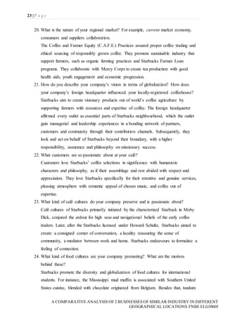 23 | P a g e
A COMPARATIVE ANALYSIS OF 2 BUSINESSES OF SIMILAR INDUSTRY IN DIFFERENT
GEOGRAPHICAL LOCATIONS|FNBE ELG30605
20. What is the nature of your regional market? For example, current market economy,
consumers and suppliers collaboration.
The Coffee and Farmer Equity (C.A.F.E.) Practices assured proper coffee trading and
ethical sourcing of responsibly grown coffee. They promote sustainable industry that
support farmers, such as organic farming practices and Starbucks Farmer Loan
programs. They collaborate with Mercy Corps to create tea production with good
health aids, youth engagement and economic progression.
21. How do you describe your company’s vision in terms of globalization? How does
your company’s foreign headquarter influenced your locally-registered coffeehouse?
Starbucks aim to create visionary products out of world’s coffee agriculture by
supporting farmers with resources and expertise of coffee. The foreign headquarter
affirmed every outlet as essential parts of Starbucks neighbourhood, which the outlet
gain managerial and leadership experiences in a bonding network of partners,
customers and community through their contribution channels. Subsequently, they
look and act on behalf of Starbucks beyond their boundary, with a higher
responsibility, assurance and philosophy on missionary success.
22. What customers are so passionate about at your café?
Customers love Starbucks’ coffee selections in significance with humanistic
characters and philosophy, as if their assemblage and rest abided with respect and
appreciation. They love Starbucks specifically for their retentive and genuine services,
pleasing atmosphere with romantic appeal of chosen music, and coffee out of
expertise.
23. What kind of café cultures do your company preserve and is passionate about?
Café cultures of Starbucks primarily initiated by the characterized Starbuck in Moby
Dick, conjured the ardour for high seas and navigational beliefs of the early coffee
traders. Later, after the Starbucks licensed under Howard Schultz, Starbucks aimed to
create: a consigned corner of conversation, a locality reassuring the sense of
community, a mediator between work and home. Starbucks endeavours to formulate a
feeling of connection.
24. What kind of food cultures are your company promoting? What are the motives
behind these?
Starbucks promote the diversity and globalization of food cultures for international
students. For instance, the Mississippi mud muffin is associated with Southern United
States cuisine, blended with chocolate originated from Belgium. Besides that, tandum
 