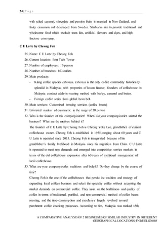 24 | P a g e
A COMPARATIVE ANALYSIS OF 2 BUSINESSES OF SIMILAR INDUSTRY IN DIFFERENT
GEOGRAPHICAL LOCATIONS|FNBE ELG30605
with salted caramel, chocolate and passion fruits is invented in New Zealand, and
fruity cinnamon roll developed from Sweden. Starbucks aim to provide traditional and
wholesome food which exclude trans fats, artificial flavours and dyes, and high
fructose corn syrup.
C U Latte by Cheong Foh
25. Name: C U Latte by Cheong Foh
26. Current location: Port Tech Tower
27. Number of employees: 10 person
28. Number of branches: 163 outlets
29. Main products:
- Klang coffee species Liberica. Liberica is the only coffee commodity historically
splendid in Malaysia, with properties of lessen flavour, founders of coffeehouse in
Malaysia conduct adds-in roasting method with barley, caramel and butter.
- Foreign coffee series from global bean belt.
30. Main services: Customized brewing services (coffee beans)
31. Estimated number of customers: in the range of 50 person
32. Who is the founder of this company/outlet? When did your company/outlet started the
business? What are the motives behind it?
The founder of C U Latte by Cheong Foh is Cheong Yoke Lee, grandfather of current
coffeehouse owner. Cheong Foh is established in 1955, ranging about 60 years and C
U Latte is operated since 2015. Cheong Foh is inaugurated because of his
grandfather’s family livelihood in Malaysia since his migration from China. C U Latte
is operated to meet new demands and emerged into competitive service markets in
terms of the old coffeehouse expansion after 60 years of traditional management of
local coffeehouse.
33. What are your company/outlet traditions and beliefs? Do they change by the course of
time?
Cheong Foh is the one of the coffeehouses that persist the tradition and strategy of
expanding local coffees business and select the specialty coffee without accepting the
market demands on commercial coffee. They insist on the healthiness and quality of
coffee in terms of traditional, purified, and non-commercial method of coffee beans
roasting; and the time-consumption and excellency largely revolved around
parchment coffee checking processes. According to him, Malaysia was ranked 45th
 