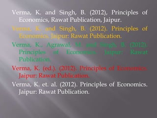 Verma, K. and Singh, B. (2012), Principles of
Economics, Rawat Publication, Jaipur.
Verma, K. and Singh, B. (2012). Principles of
Economics. Jaipur: Rawat Publication.
Verma, K., Agrawal, M. and Singh, B. (2012).
Principles of Economics. Jaipur: Rawat
Publication.
Verma, K. (ed.). (2012). Principles of Economics.
Jaipur: Rawat Publication.
Verma, K. et. al. (2012). Principles of Economics.
Jaipur: Rawat Publication.
 