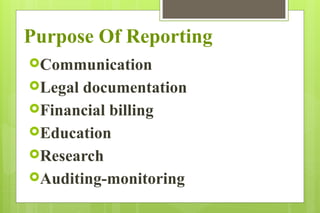 Purpose Of Reporting
Communication
Legal documentation
Financial billing
Education
Research
Auditing-monitoring
 
