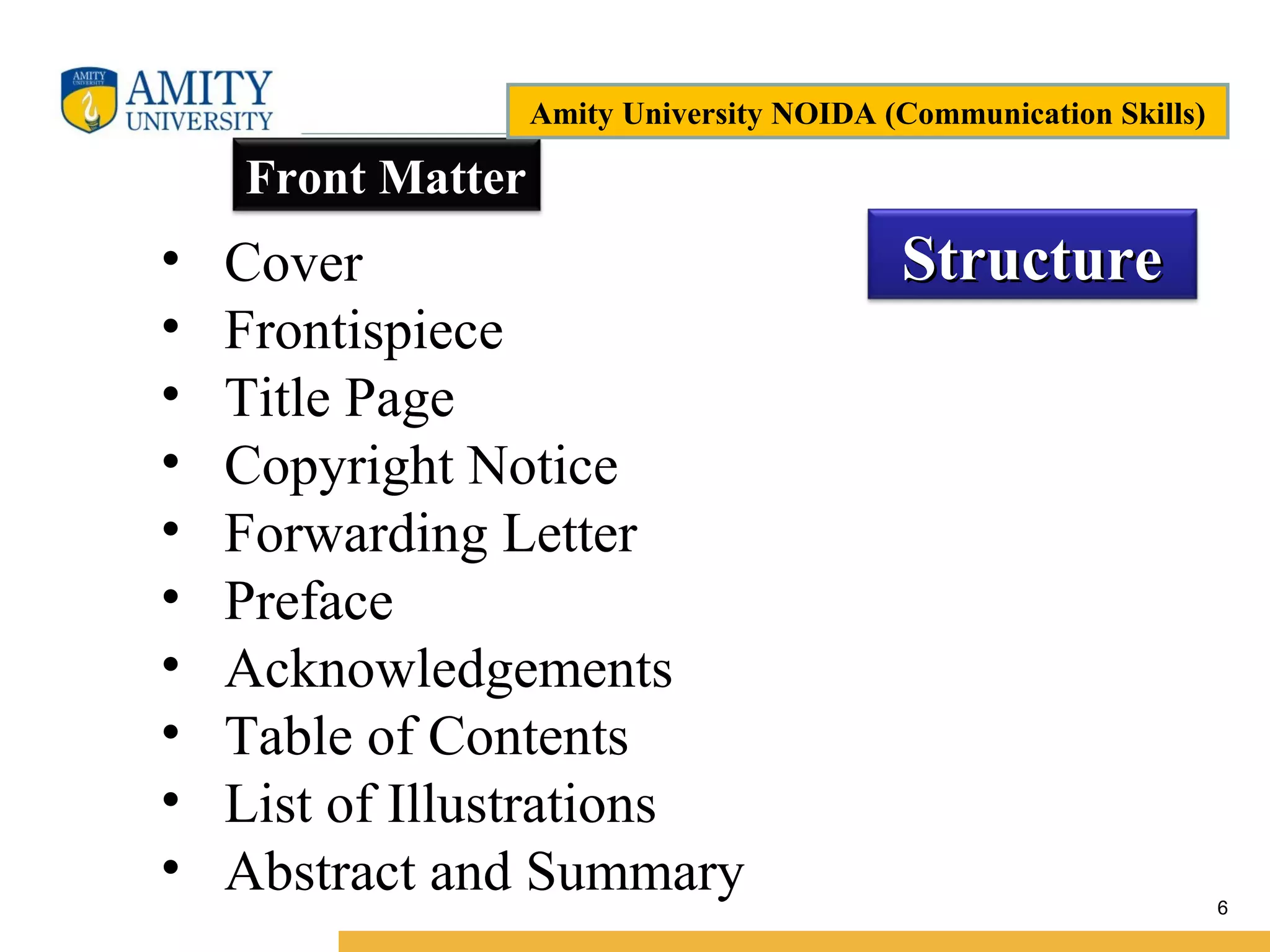 Name of Institution
6
StructureStructure• Cover
• Frontispiece
• Title Page
• Copyright Notice
• Forwarding Letter
• Preface
• Acknowledgements
• Table of Contents
• List of Illustrations
• Abstract and Summary
Front Matter
Amity University NOIDA (Communication Skills)
 