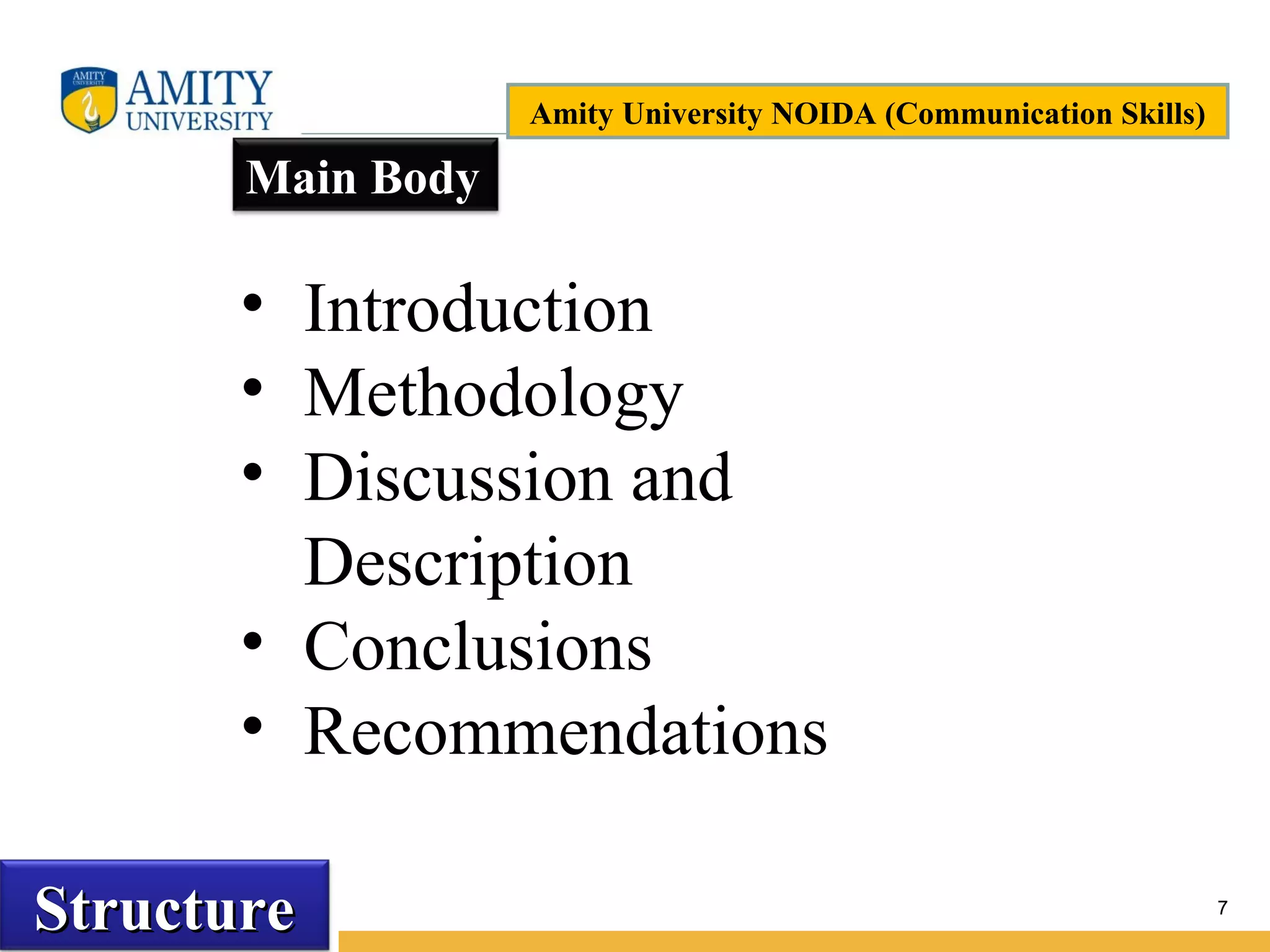 Name of Institution
7
StructureStructure
Main Body
• Introduction
• Methodology
• Discussion and
Description
• Conclusions
• Recommendations
Amity University NOIDA (Communication Skills)
 