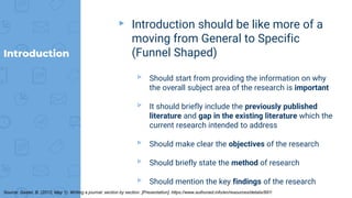 Introduction
▸ Introduction should be like more of a
moving from General to Specific
(Funnel Shaped)
▹ Should start from providing the information on why
the overall subject area of the research is important
▹ It should briefly include the previously published
literature and gap in the existing literature which the
current research intended to address
▹ Should make clear the objectives of the research
▹ Should briefly state the method of research
▹ Should mention the key findings of the research
Source: Gastel, B. (2012, May 1). Writing a journal: section by section. [Presentation]. https://www.authoraid.info/en/resources/details/997/
 