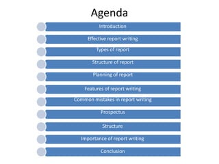 Agenda
Introduction
Effective report writing
Types of report
Structure of report
Planning of report
Features of report writing
Common mistakes in report writing
Prospectus
Structure
Importance of report writing
Conclusion
 