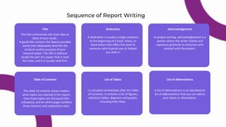 The title summarizes the main idea or
ideas of your study .
A good title contains the fewest possible
words that adequately describe the
contents and/or purpose of your
research paper. The title is without
doubt the part of a paper that is read
the most, and it is usually read first.
A dedication is usually a single sentence
at the beginning of a book, thesis, or
dissertation that offers the work to
someone who inspired you or helped
you with it.
In project writing, acknowledgement is a
section where the writer thanks and
expresses gratitude to everyone who
assisted with the project.
Title Dedication Acknowledgement
Sequence of Report Writing
Table of Contents
The table of contents shows readers
what topics are covered in the report,
how those topics are discussed (the
subtopics), and on which page numbers
those sections and subsections start.
List of Tables
t is situated immediately after the Table
of Contents. It contains a list of figures,
statistical tables, diagrams and graphs,
including their titles.
List of abbreviations
A list of abbreviations is an alphabetical
list of abbreviations that you can add to
your thesis or dissertation.
 