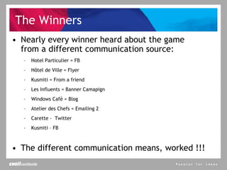 The Winners Nearly every winner heard about the game from a different communication source: Hotel Particulier = FB Hôtel de Ville = Flyer Kusmiti = From a friend Les Influents = Banner Camapign Windows Café = Blog Atelier des Chefs = Emailing 2 Carette -  Twitter Kusmiti – FB The different communication means, worked !!! 
