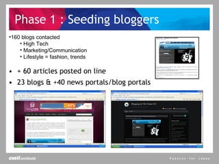 Phase 1 : Seeding bloggers + 60 articles posted on line 23 blogs & +40 news portals/blog portals 160 blogs contacted High Tech Marketing/Communication Lifestyle = fashion, trends 