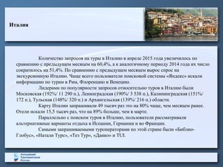 Италия
Количество запросов на туры в Италию в апреле 2015 года увеличилось по
сравнению с предыдущем месяцем на 60,4%, а к аналогичному периоду 2014 года их число
сократилось на 51,4%. По сравнению с предыдущем месяцем вырос спрос на
экскурсионную Италию. Чаще всего пользователи поисковой системы «Яндекс» искали
информацию по турам в Рим, Флоренцию и Венецию.
Лидерами по популярности запросов относительно туров в Италию были
Московская (192%/ 11 290 п.), Ленинградская (190%/ 3 538 п.), Калининградская (151%/
172 п.), Тульская (148%/ 320 п.) и Архангельская (139%/ 216 п.) области.
Карту Италии запрашивали 49 тысяч раз это на 80% чаще, чем месяцем ранее.
Отели искали 15,5 тысяч раз, что на 89% больше, чем в марте.
Параллельно с поиском туров в Италию, пользователи рассматривали
альтернативные варианты отдыха в Испании, Германии и во Франции.
Самыми запрашиваемыми туроператорами по этой стране были «Библио-
Глобус», «Натали Турс», «Тез Тур», «Данко» и TUI.
 
