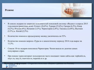 Резюме
• В список лидеров по запросам пользователей поисковой системы «Яндекс» в апреле 2015
года вошли (рыночная доля): Египет (26,8%), Турция (23,4%), Греция (6,5%), Кипр
(4,2%), Италия (4%), Испания (3,5%), Черногория (2,8%), Таиланд (2,64%), Вьетнам
(2,5%) и Китай (2,5%).
• Количество показов к предыдущему месяцу увеличилось на 52%.
• Количество показов запроса «Туры в» к аналогичному периоду 2014 года вырос на
11,5%.
• Список 10-ти лидеров пополнила Черногория. Чехия вышла из десятки самых
популярных стран.
• При поиске туров интернет пользователи часто посещают такие сайты как: tophotels.ru,
otzyv.ru, tury.ru, tourvisor.ru, turpoisk.ru и др.
Источник информации - Открытая статистика «Яндекс» (данные по России).
 