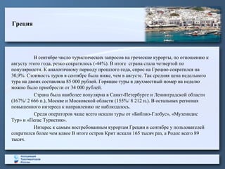 Греция
В сентябре число туристических запросов на греческие курорты, по отношению к
августу этого года, резко сократилось (-44%). В итоге страна стала четвертой по
популярности. К аналогичному периоду прошлого года, спрос на Грецию сократился на
30,9%. Стоимость туров в сентябре была ниже, чем в августе. Так средняя цена недельного
тура на двоих составляла 85 000 рублей. Горящие туры в двухместный номер на неделю
можно было приобрести от 34 000 рублей.
Страна была наиболее популярна в Санкт-Петербурге и Ленинградской области
(167%/ 2 666 п.), Москве и Московской области (155%/ 8 212 п.). В остальных регионах
повышенного интереса к направлению не наблюдалось.
Среди операторов чаще всего искали туры от «Библио-Глобус», «Музенидис
Тур» и «Пегас Туристик».
Интерес к самым востребованным курортам Греции в сентябре у пользователей
сократился более чем вдвое В итоге остров Крит искали 165 тысяч раз, а Родос всего 89
тысяч.
 