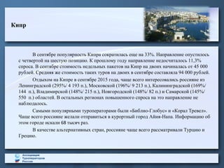 Кипр
В сентябре популярность Кипра сократилась еще на 33%. Направление опустилось
с четвертой на шестую позицию. К прошлому году направление недосчиталось 11,3%
спроса. В сентябре стоимость недельных пакетов на Кипр на двоих начиналась от 45 000
рублей. Средняя же стоимость таких туров на двоих в сентябре составляла 94 000 рублей.
Отдыхом на Кипре в сентябре 2015 года, чаще всего интересовались россияне из
Ленинградской (295%/ 4 193 п.), Московской (196%/ 9 213 п.), Калининградской (169%/
144 п.), Владимирской (148%/ 215 п.), Новгородской (148%/ 82 п.) и Самарской (145%/
550 п.) областей. В остальных регионах повышенного спроса на это направление не
наблюдалось.
Самыми популярными туроператорами были «Библио-Глобус» и «Корал Тревел».
Чаще всего россияне желали отправиться в курортный город Айия-Напа. Информацию об
этом городе искали 68 тысяч раз.
В качестве альтернативных стран, россияне чаще всего рассматривали Турцию и
Грецию.
 