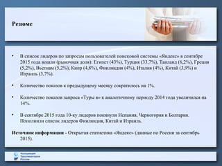 Резюме
• В список лидеров по запросам пользователей поисковой системы «Яндекс» в сентябре
2015 года вошли (рыночная доля): Египет (43%), Турция (33,7%), Таиланд (6,2%), Греция
(5,2%), Вьетнам (5,2%), Кипр (4,8%), Финляндия (4%), Италия (4%), Китай (3,9%) и
Израиль (3,7%).
• Количество показов к предыдущему месяцу сократилось на 1%.
• Количество показов запроса «Туры в» к аналогичному периоду 2014 года увеличился на
14%.
• В сентябре 2015 года 10-ку лидеров покинули Испания, Черногория и Болгария.
Пополнили список лидеров Финляндия, Китай и Израиль.
Источник информации - Открытая статистика «Яндекс» (данные по России за сентябрь
2015).
 