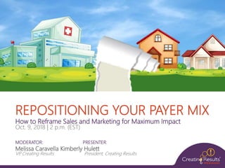 REPOSITIONING YOUR PAYER MIX
How to Reframe Sales and Marketing for Maximum Impact
Oct. 9, 2018 | 2 p.m. (EST)
MODERATOR: PRESENTER:
Melissa Caravella Kimberly Hulett
VP, Creating Results President, Creating Results
 