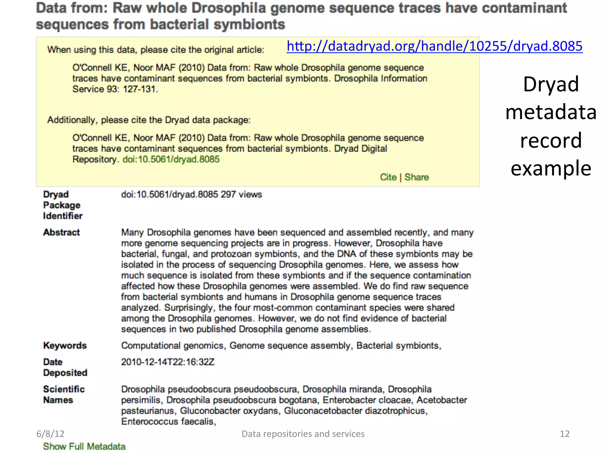 hDp://datadryad.org/handle/10255/dryad.8085	
  	
  

                                                                 Dryad	
  
                                                                metadata	
  
                                                                 record	
  
                                                                example	
  




6/8/12	
     Data	
  repositories	
  and	
  services	
                   12	
  
 