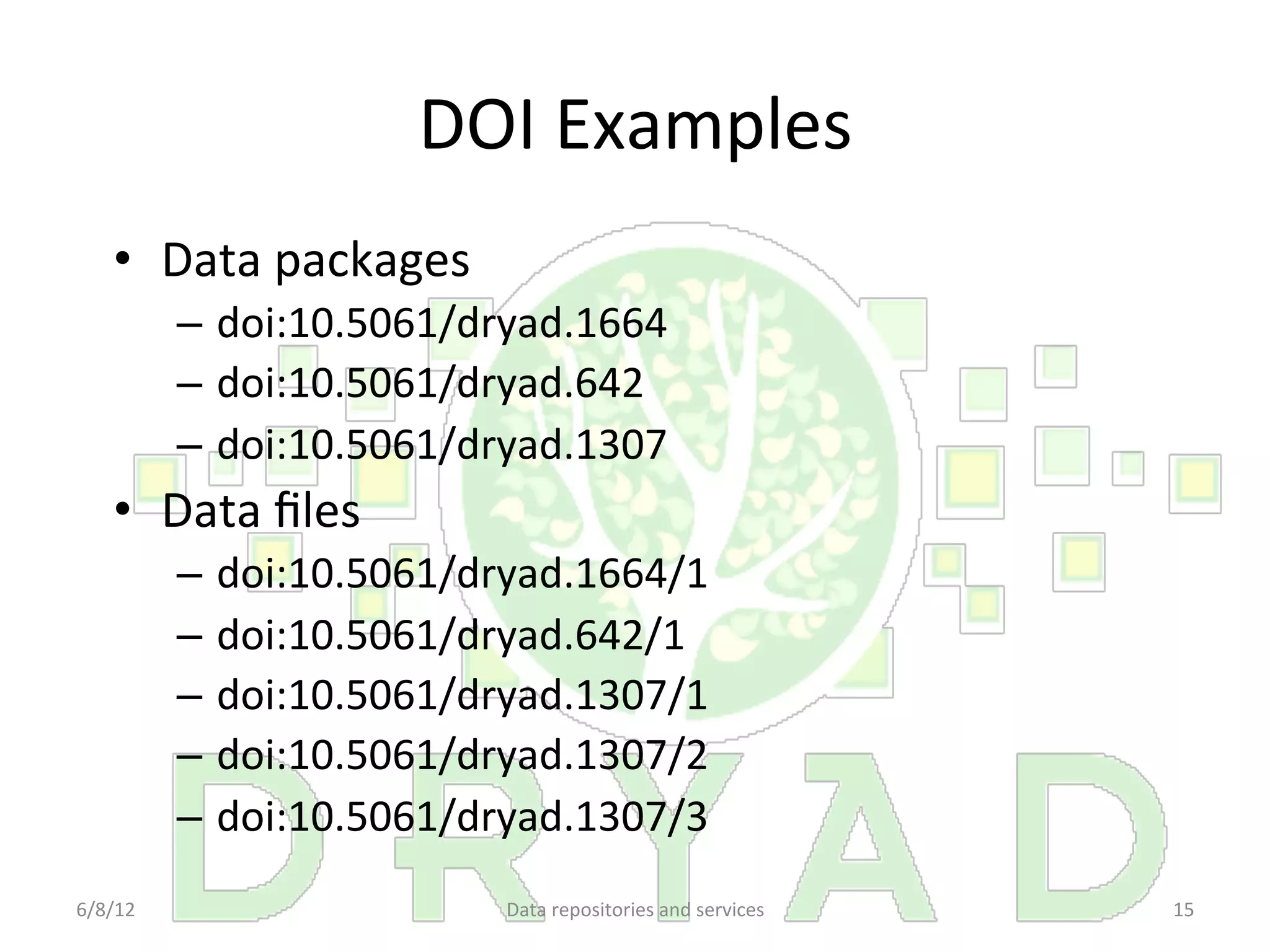 DOI	
  Examples	
  	
  	
  
     •  Data	
  packages	
  
             –  doi:10.5061/dryad.1664	
  
             –  doi:10.5061/dryad.642	
  
             –  doi:10.5061/dryad.1307	
  
     •  Data	
  ﬁles	
  
             –  doi:10.5061/dryad.1664/1	
  
             –  doi:10.5061/dryad.642/1	
  
             –  doi:10.5061/dryad.1307/1	
  
             –  doi:10.5061/dryad.1307/2	
  
             –  doi:10.5061/dryad.1307/3	
  
6/8/12	
                        Data	
  repositories	
  and	
  services	
     15	
  
 