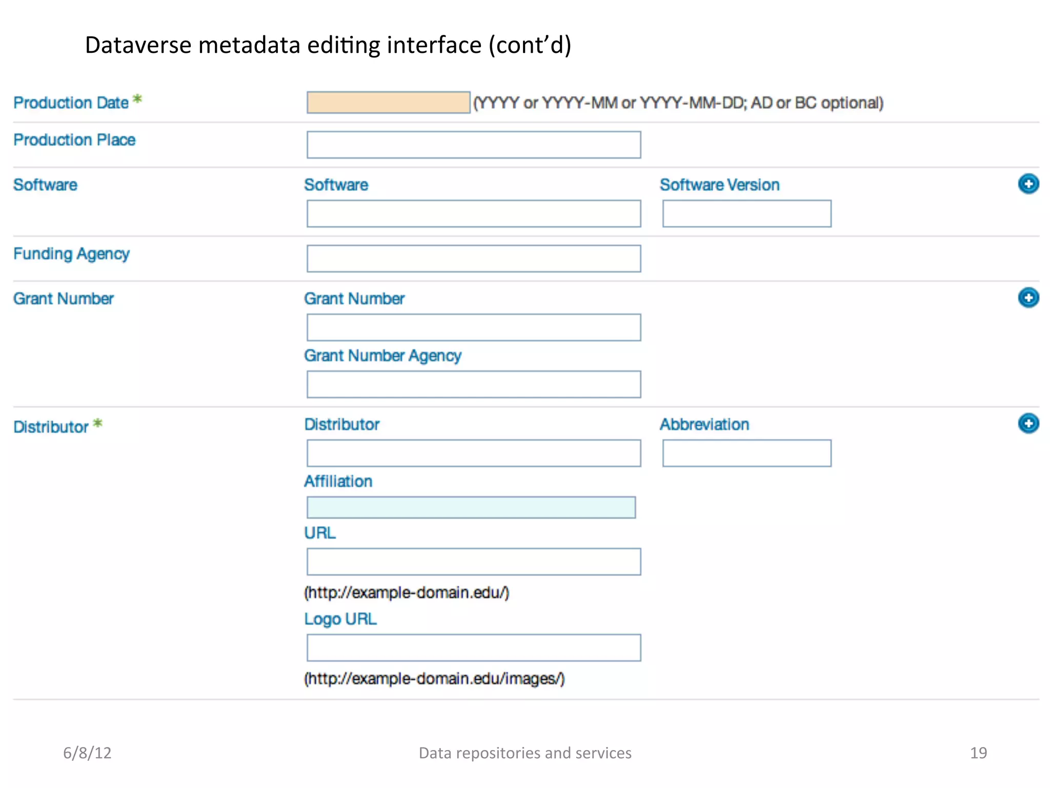 Dataverse	
  metadata	
  ediCng	
  interface	
  (cont’d)	
  




6/8/12	
                                    Data	
  repositories	
  and	
  services	
     19	
  
 