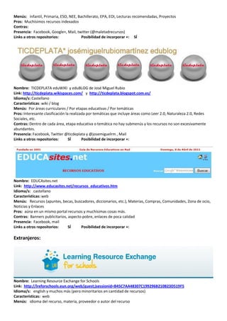 Menús: Infantil, Primaria, ESO, NEE, Bachillerato, EPA, EOI, Lecturas recomendadas, Proyectos
Pros: Muchísimos recursos indexados
Contras:
Presencia: Facebook, Google+, Mail, twitter (@maletadrecursos)
Links a otros repositorios:            Posibilidad de incorporar +: SÍ




Nombre: TICDEPLATA eduWIKI y eduBLOG de José Miguel Rubio
Link: http://ticdeplata.wikispaces.com/ y http://ticdeplata.blogspot.com.es/
Idioma/s: Castellano
Características: wiki / blog
Menús: Por áreas curriculares / Por etapas educativas / Por temáticas
Pros: Interesante clasificación la realizada por temáticas que incluye áreas como Leer 2.0, Naturaleza 2.0, Redes
Sociales, etc.
Contras: Dentro de cada área, etapa educativa o temática no hay submenús y los recursos no son excesivamente
abundantes.
Presencia: Facebook, Twitter @ticdeplata y @josemiguelrm , Mail
Links a otros repositorios:       SÍ      Posibilidad de incorporar +:




Nombre: EDUCAsites.net
Link: http://www.educasites.net/recursos_educativos.htm
Idioma/s: castellano
Características: web
Menús: Recursos (apuntes, becas, buscadores, diccionarios, etc.), Materias, Compras, Comunidades, Zona de ocio,
Noticias y Enlaces
Pros: aúna en un mismo portal recursos y muchísimas cosas más.
Contras: Banners publicitarios, aspecto pobre, enlaces de poca calidad
Presencia: Facebook, mail
Links a otros repositorios:     SÍ     Posibilidad de incorporar +:

Extranjeros:




Nombre: Learning Resource Exchange for Schools
Link: http://lreforschools.eun.org/web/guest;jsessionid=B45C7AA48307C199296B210B23D519F5
Idioma/s: english y muchos más (pero minoritarios en cantidad de recursos)
Características: web
Menús: idioma del recurso, materia, proveedor o autor del recurso
 