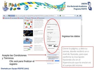 Ingresa los datos




                                      Cierre la página, y abra su
                                      correo, donde recibirá un e-
                                      mail de Youtube, para que
 Acepta las Condiciones
                                      confirme la inscripción
 y Términos
                                      haciendo clic en el
       Clic acá para finalizar el
                                      hipervínculo que le envían en
       registro
                                      el cuerpo del mismo
Diseñada por: Equipo FEDITIC (2012)
 