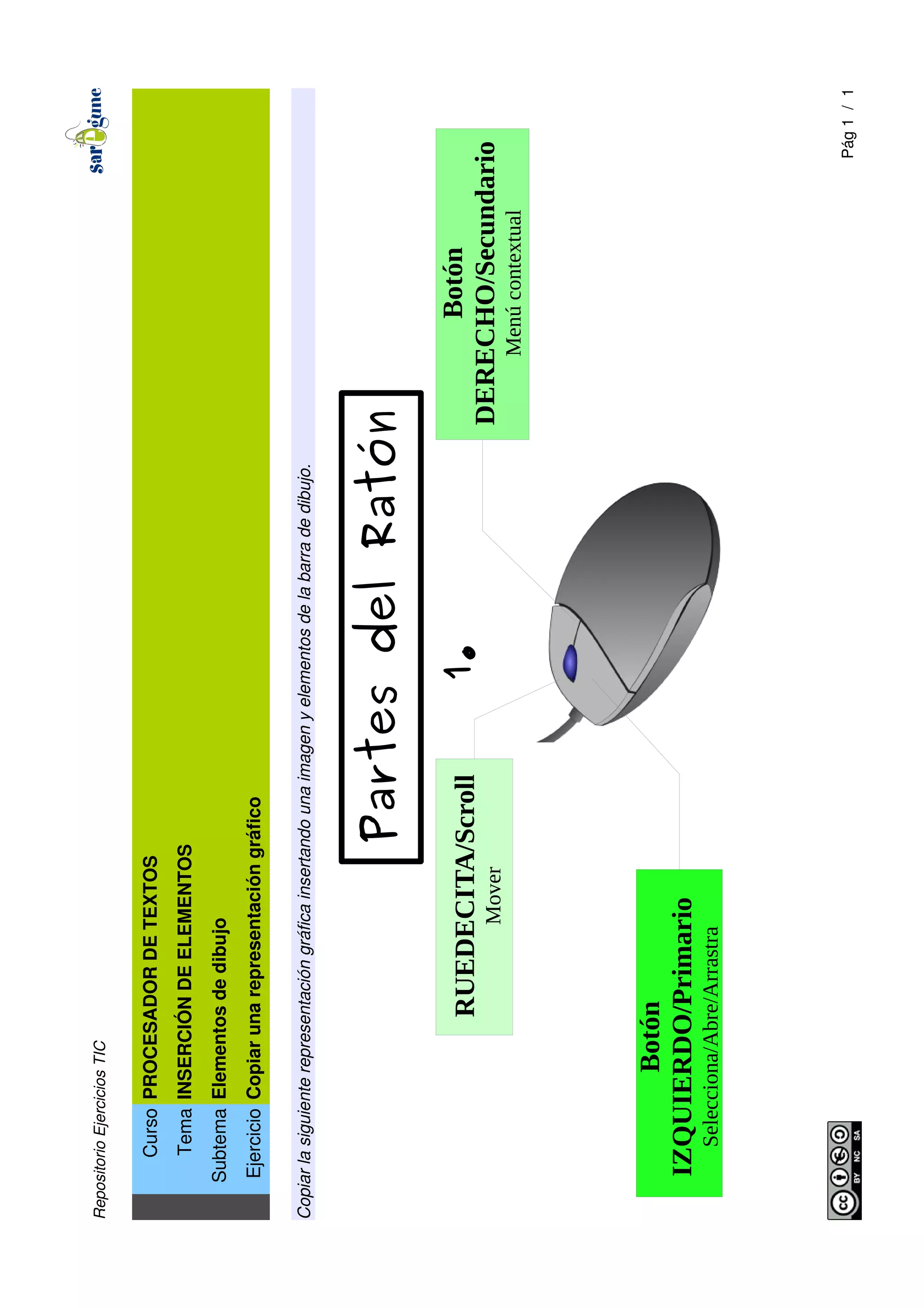 RepositorioEjerciciosTIC
CursoPROCESADORDETEXTOS
TemaINSERCIÓNDEELEMENTOS
SubtemaElementosdedibujo
EjercicioCopiarunarepresentacióngráfico
Copiarlasiguienterepresentacióngráficainsertandounaimagenyelementosdelabarradedibujo.
PartesdelRatón
1.
Pág1/1
RUEDECITA/Scroll
Mover
Botón
DERECHO/Secundario
Menúcontextual
Botón
IZQUIERDO/Primario
Selecciona/Abre/Arrastra
 