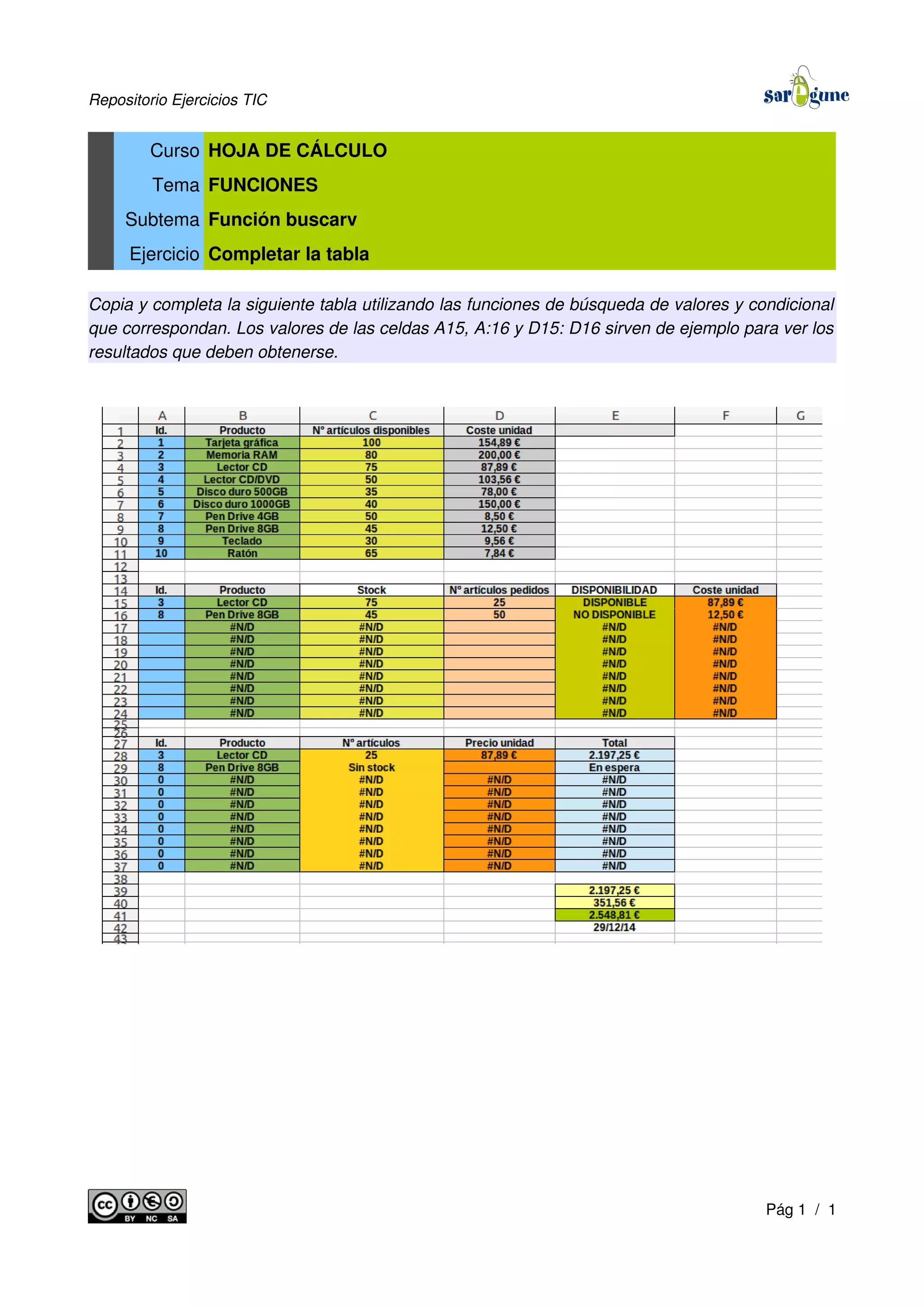 Repositorio Ejercicios TIC
Curso HOJA DE CÁLCULO
Tema FUNCIONES
Subtema Función buscarv
Ejercicio Completar la tabla
Copia y completa la siguiente tabla utilizando las funciones de búsqueda de valores y condicional
que correspondan. Los valores de las celdas A15, A:16 y D15: D16 sirven de ejemplo para ver los
resultados que deben obtenerse.
Pág 1 / 1
 