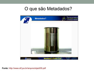 O que são Metadados?




Fonte: http://www.stf.jus.br/arquivo/sijed/05.pdf
 