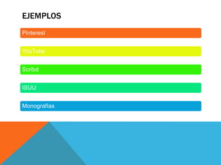 EJEMPLOS
Pinterest
YouTube
Scribd
ISUU
Monografías
 