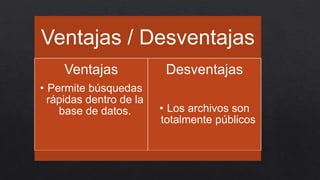 Ventajas / Desventajas
Ventajas
• Permite búsquedas
rápidas dentro de la
base de datos.
Desventajas
• Los archivos son
totalmente públicos
 