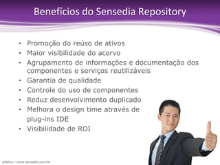 ObjetivosGestão de AtivosO Sensedia Repository é uma solução para viabilizar a Governança SOA e a gestão de serviços e componentes.MetadadosPromoçãoPesquisasColaboraçãoMétricasCiclo de vidaSensediaRepositoryViabilizar a Governança SOA