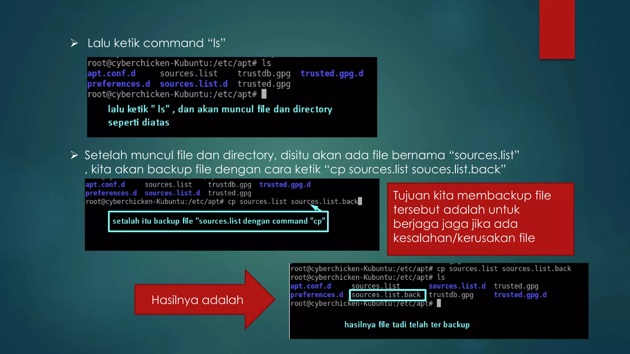  Lalu ketik command “ls”
 Setelah muncul file dan directory, disitu akan ada file bernama “sources.list”
, kita akan backup file dengan cara ketik “cp sources.list souces.list.back”
Tujuan kita membackup file
tersebut adalah untuk
berjaga jaga jika ada
kesalahan/kerusakan file
Hasilnya adalah
 