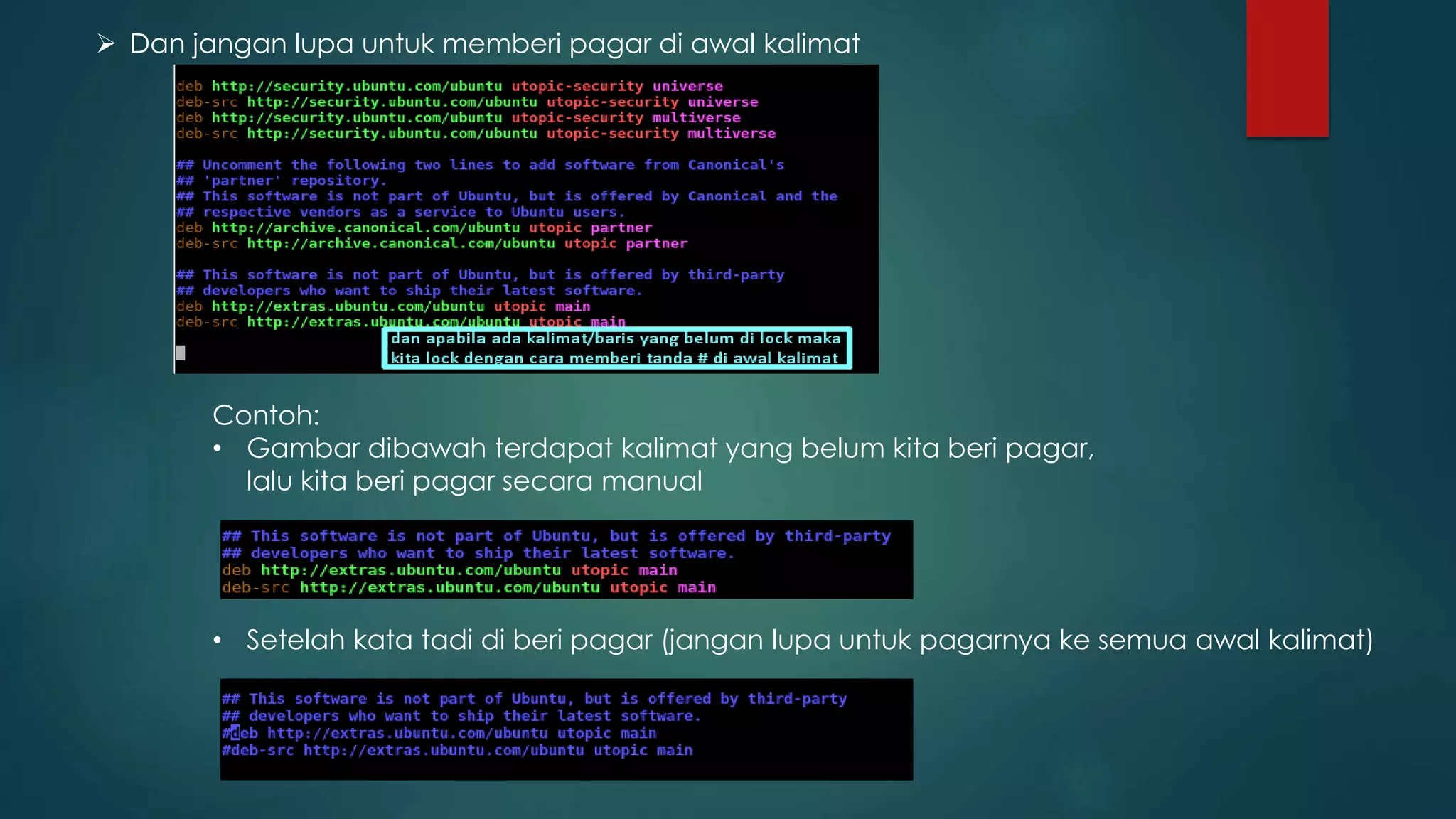  Dan jangan lupa untuk memberi pagar di awal kalimat
Contoh:
• Gambar dibawah terdapat kalimat yang belum kita beri pagar,
lalu kita beri pagar secara manual
• Setelah kata tadi di beri pagar (jangan lupa untuk pagarnya ke semua awal kalimat)
 