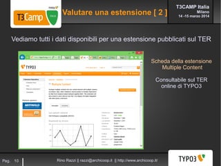 T3CAMP Italia
Milano
14 -15 marzo 2014
Rino Razzi || razzi@archicoop.it || http://www.archicoop.it/Pag. 10
Scheda della estensione
Multiple Content
Consultabile sul TER
online di TYPO3
Vediamo tutti i dati disponibili per una estensione pubblicati sul TER
Valutare una estensione [ 2 ]
 