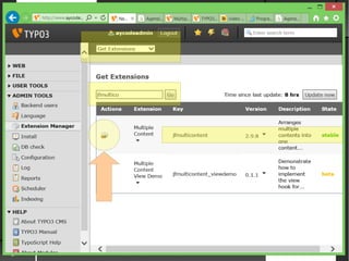 T3CAMP Italia
Milano
14 -15 marzo 2014
Rino Razzi || razzi@archicoop.it || http://www.archicoop.it/Pag. 13
Installazione di una estensione dal Back End di TYPO3
Installare una estensione
 