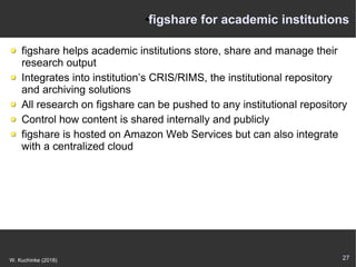 27W. Kuchinke (2018)
●figshare for academic institutions
figshare helps academic institutions store, share and manage their
research output
Integrates into institution’s CRIS/RIMS, the institutional repository
and archiving solutions
All research on figshare can be pushed to any institutional repository
Control how content is shared internally and publicly
figshare is hosted on Amazon Web Services but can also integrate
with a centralized cloud
 